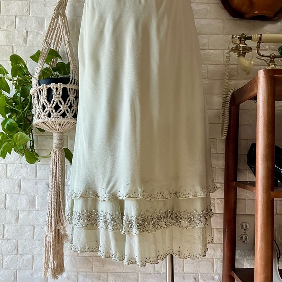 Vintage Dazzelle Inc 100% Silk Ornately Pearl Beaded Layered Chiffon Midi Dress - Picture 9 of 17